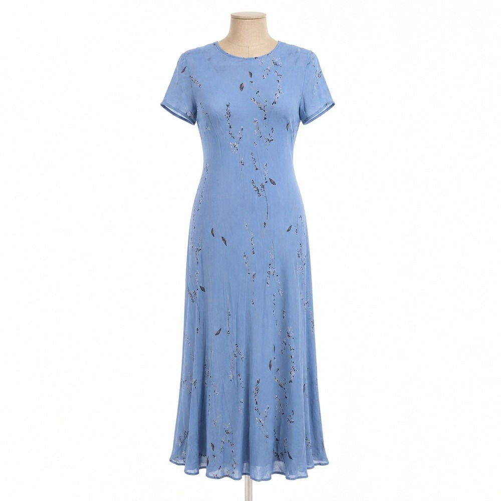 Vintage Y2K 100% Silk Floral Maxi Dress Size 4 Blue Fairy Classic 90s Minimalist